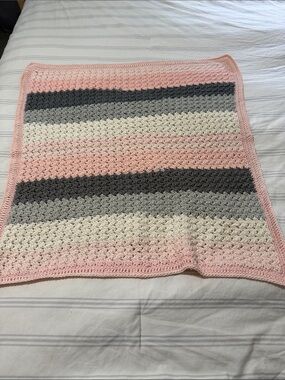 Handmade Striped Crochet Baby Blanket - Pink, Gray, Cream